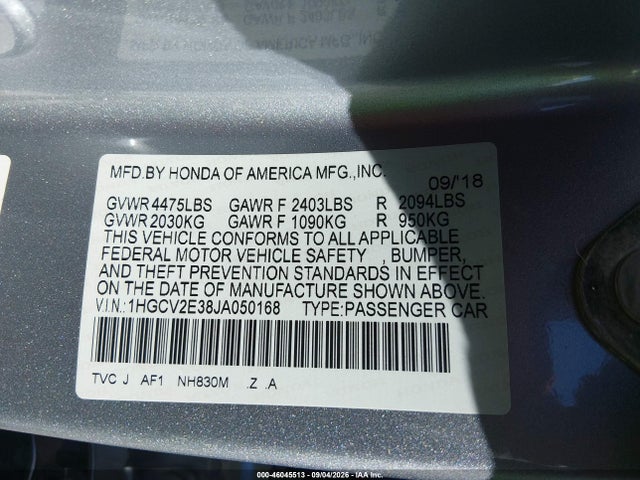46045513 :رقم المزاد ، 1HGCV2E38JA050168 vin ، 2018 Honda Accord Sport 2.0t مزاد بيع