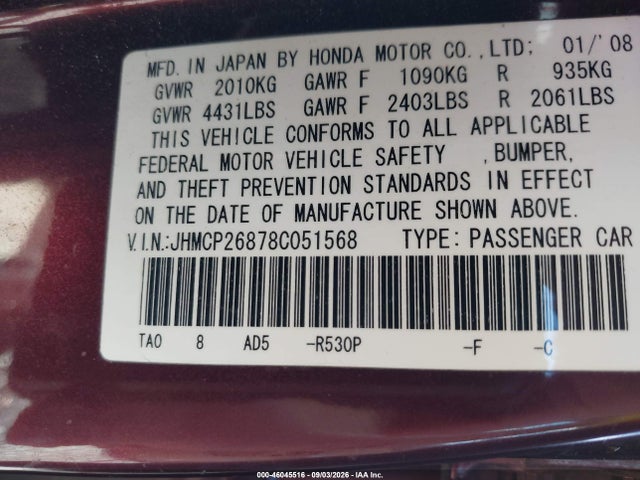 Aukcja sprzedaży 2008 Honda Accord 2.4 Ex-l, vin: JHMCP26878C051568, numer aukcji: 46045516