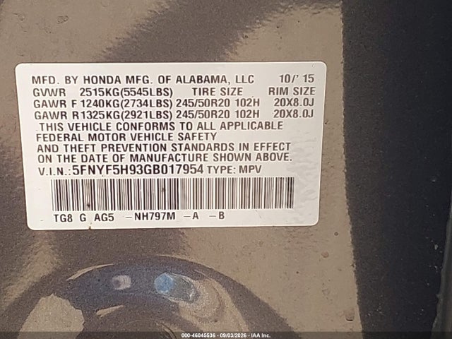 Aukcja sprzedaży 2016 Honda Pilot Touring, vin: 5FNYF5H93GB017954, numer aukcji: 46045536