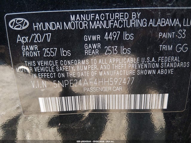Продаж на аукціоні авто 2017 Hyundai Sonata Se, vin: 5NPE24AF4HH592477, номер лоту: 46045544