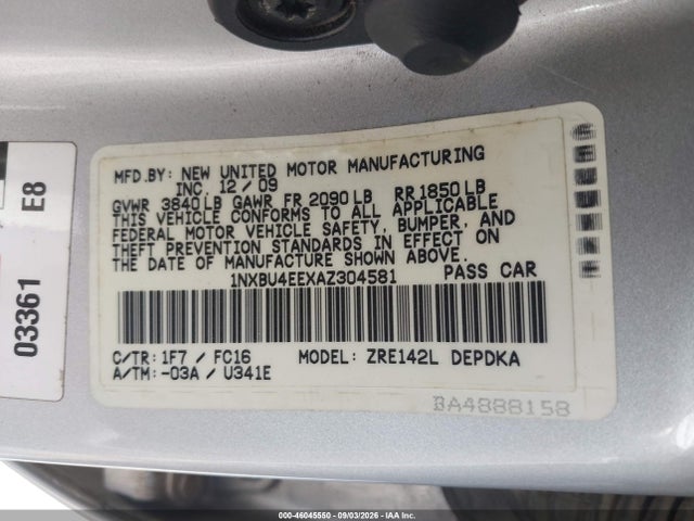 2010 Toyota Corolla Le მანქანა იყიდება აუქციონზე, vin: 1NXBU4EEXAZ304581, აუქციონის ნომერი: 46045550