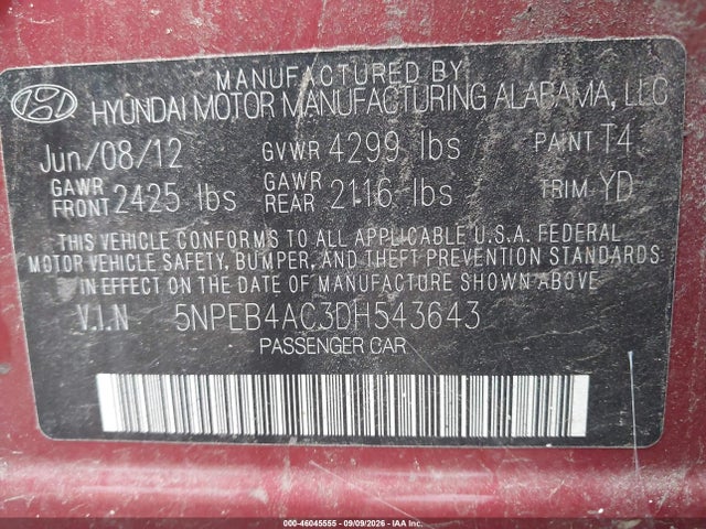 46045555 :رقم المزاد ، 5NPEB4AC3DH543643 vin ، 2013 Hyundai Sonata Gls مزاد بيع