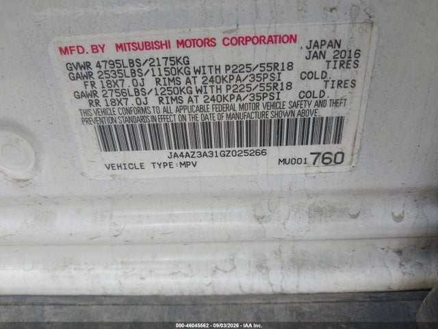 Продаж на аукціоні авто 2016 Mitsubishi Outlander Se, vin: JA4AZ3A31GZ025266, номер лоту: 46045562