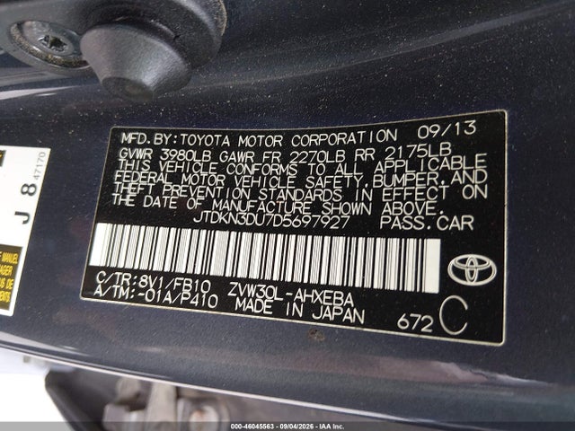2013 Toyota Prius Two მანქანა იყიდება აუქციონზე, vin: JTDKN3DU7D5697927, აუქციონის ნომერი: 46045563