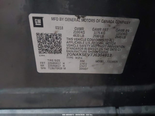 Продажа на аукционе авто 2018 Chevrolet Equinox Lt, vin: 2GNAXSEV7J6304913, номер лота: 46045573