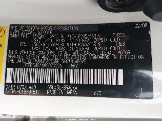 46045593 :رقم المزاد ، JTEES42AX82070226 vin ، 2008 Toyota Highlander Limited مزاد بيع