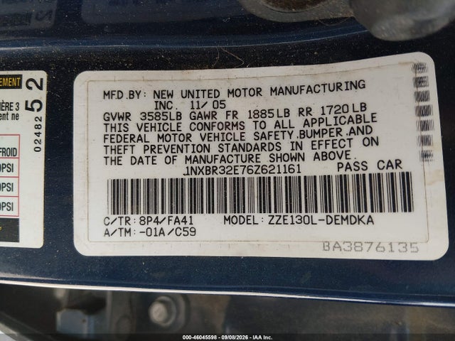 46045598 :رقم المزاد ، 1NXBR32E76Z621161 vin ، 2006 Toyota Corolla Ce مزاد بيع