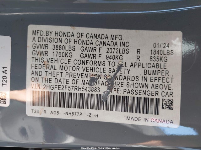 Honda Civic Sport 2024 2HGFE2F57RH543883 Image 9