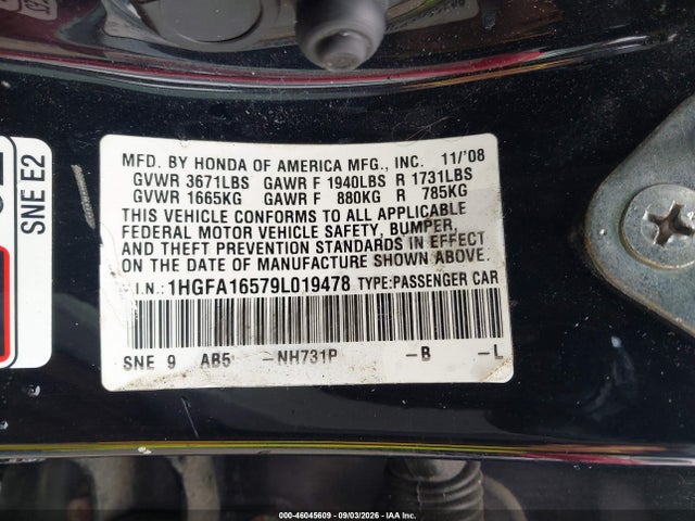 Aukcja sprzedaży 2009 Honda Civic Lx, vin: 1HGFA16579L019478, numer aukcji: 46045609