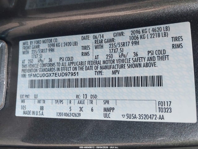 Продаж на аукціоні авто 2014 Ford Escape Se, vin: 1FMCU0GX7EUD97951, номер лоту: 46045613
