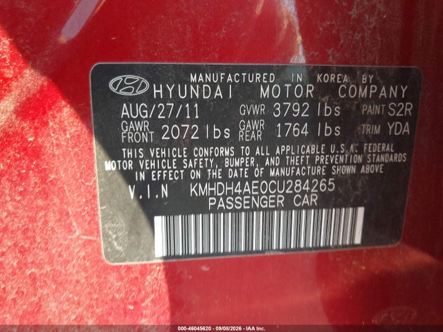 Продаж на аукціоні авто 2012 Hyundai Elantra Gls (ulsan Plant), vin: KMHDH4AE0CU284265, номер лоту: 46045620