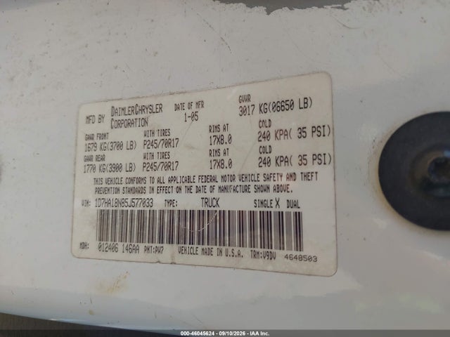 Продажа на аукционе авто 2005 Dodge Ram 1500 Slt/laramie, vin: 1D7HA18N85J577033, номер лота: 46045624