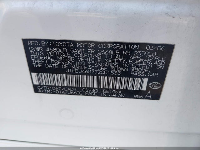 46045627 :رقم المزاد ، JTHBJ46G772001533 vin ، 2007 Lexus Es 350 مزاد بيع