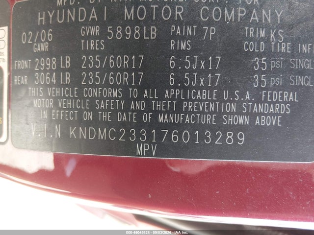 46045628 :رقم المزاد ، KNDMC233176013289 vin ، 2007 Hyundai Entourage Gls/limited/se مزاد بيع