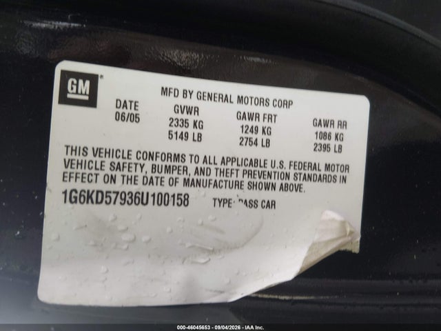 Продаж на аукціоні авто 2006 Cadillac Dts Performance, vin: 1G6KD57936U100158, номер лоту: 46045653