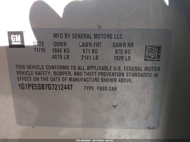 46045663 :رقم المزاد ، 1G1PE5SB7G7212447 vin ، 2016 Chevrolet Cruze Limited 1lt Auto مزاد بيع