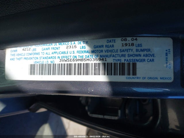 2005 Volkswagen Jetta Gli 1.8t მანქანა იყიდება აუქციონზე, vin: 3VWSE69M85M035941, აუქციონის ნომერი: 46045673