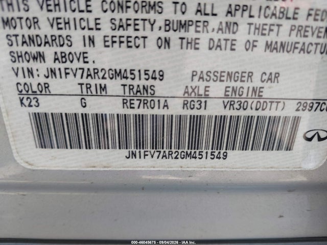 46045675 :رقم المزاد ، JN1FV7AR2GM451549 vin ، 2016 Infiniti Q50 3.0t Red Sport 400 مزاد بيع