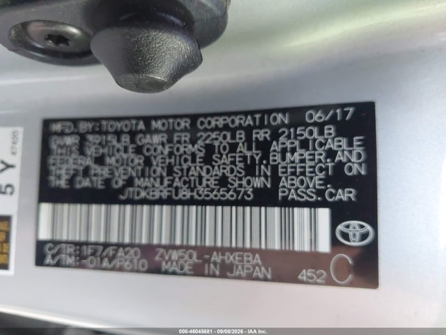 46045681 :رقم المزاد ، JTDKBRFU8H3565673 vin ، 2017 Toyota Prius Two مزاد بيع