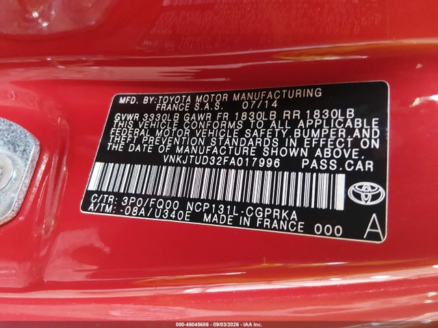 Aukcja sprzedaży 2015 Toyota Yaris L, vin: VNKJTUD32FA017996, numer aukcji: 46045686