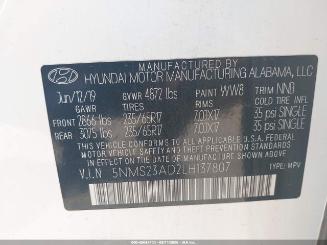 46045703 :رقم المزاد ، 5NMS23AD2LH137807 vin ، 2020 Hyundai Santa Fe Se مزاد بيع