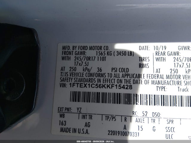 2019 Ford F-150 Xl მანქანა იყიდება აუქციონზე, vin: 1FTEX1C56KKF15428, აუქციონის ნომერი: 46045708