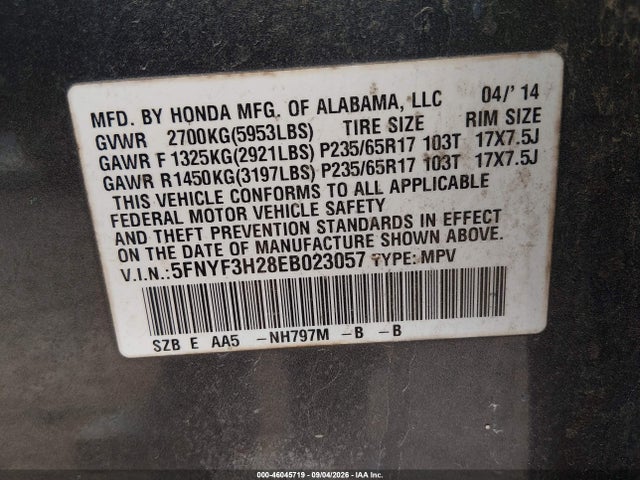 Продаж на аукціоні авто 2014 Honda Pilot Lx, vin: 5FNYF3H28EB023057, номер лоту: 46045719