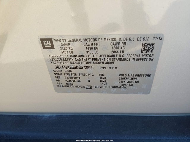46045720 :رقم المزاد ، 3GYFNAE36DS573806 vin ، 2013 Cadillac Srx Standard مزاد بيع