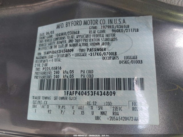 Продажа на аукционе авто 2003 Ford Mustang, vin: 1FAFP40453F434809, номер лота: 46045727