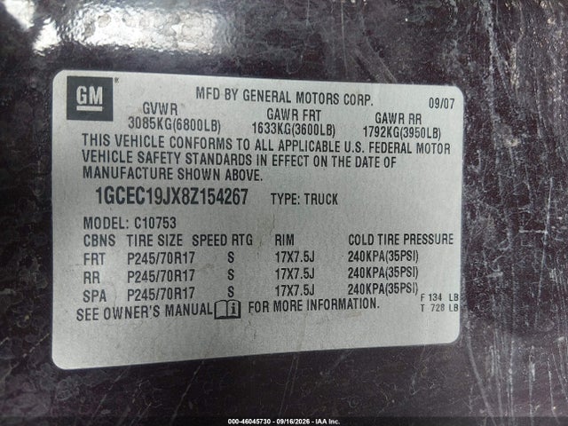 Продаж на аукціоні авто 2008 Chevrolet Silverado 1500 Lt1, vin: 1GCEC19JX8Z154267, номер лоту: 46045730