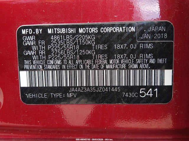 46045745 :رقم المزاد ، JA4AZ3A35JZ041445 vin ، 2018 Mitsubishi Outlander Se مزاد بيع