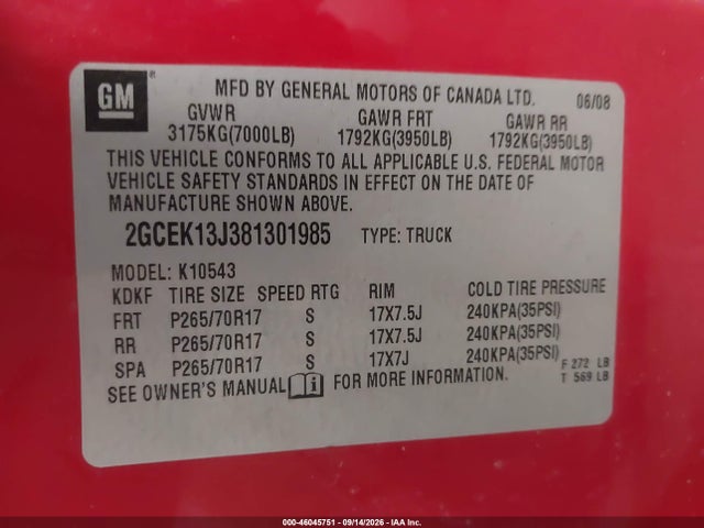 Продаж на аукціоні авто 2008 Chevrolet Silverado 1500 Lt1, vin: 2GCEK13J381301985, номер лоту: 46045751