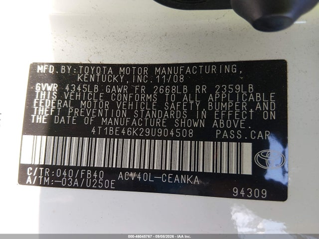 Продажа на аукционе авто 2009 Toyota Camry, vin: 4T1BE46K29U904508, номер лота: 46045767
