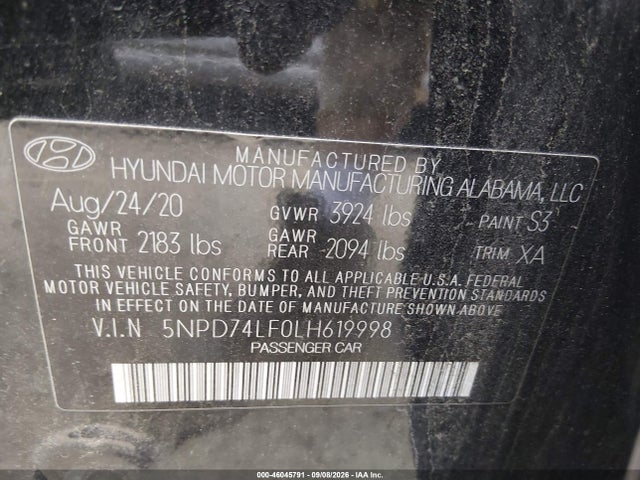 Продажа на аукционе авто 2020 Hyundai Elantra Se, vin: 5NPD74LF0LH619998, номер лота: 46045791