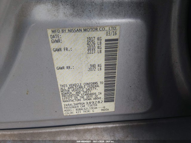 Aukcja sprzedaży 2016 Nissan Altima 2.5 S, vin: 1N4AL3AP9GN349282, numer aukcji: 46045801