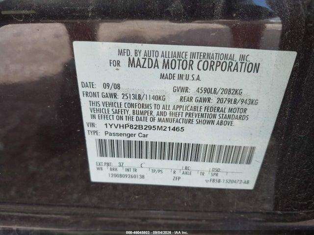 Aukcja sprzedaży 2009 Mazda 6 S, vin: 1YVHP82B295M21465, numer aukcji: 46045803