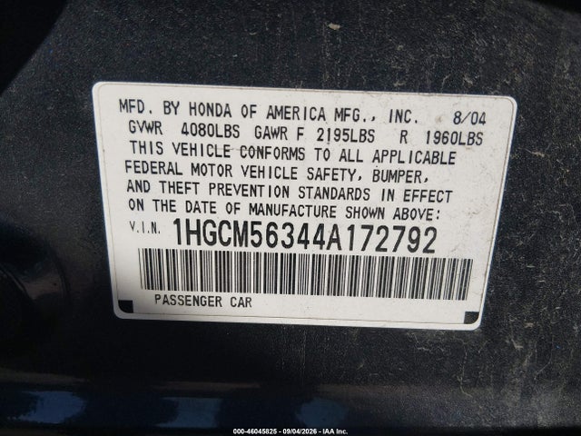 Aukcja sprzedaży 2004 Honda Accord 2.4 Lx, vin: 1HGCM56344A172792, numer aukcji: 46045825