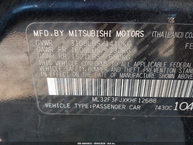 Aukcja sprzedaży 2019 Mitsubishi Mirage G4 Es/rf, vin: ML32F3FJXKHF12688, numer aukcji: 46045833