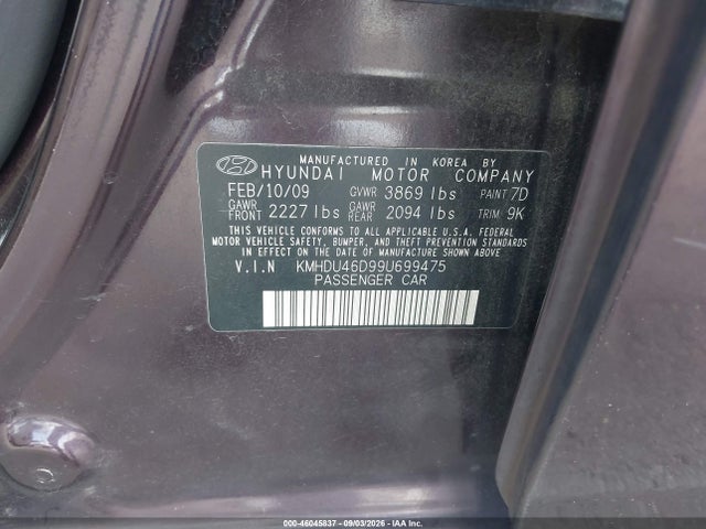 Aukcja sprzedaży 2009 Hyundai Elantra Gls, vin: KMHDU46D99U699475, numer aukcji: 46045837