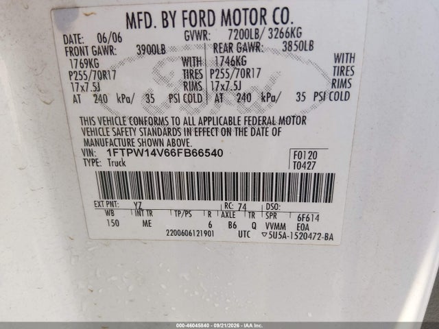 2006 Ford F-150 Fx4/lariat/xlt მანქანა იყიდება აუქციონზე, vin: 1FTPW14V66FB66540, აუქციონის ნომერი: 46045840