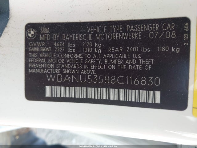 Aukcja sprzedaży 2008 Bmw 528i, vin: WBANU53588C116830, numer aukcji: 46045846