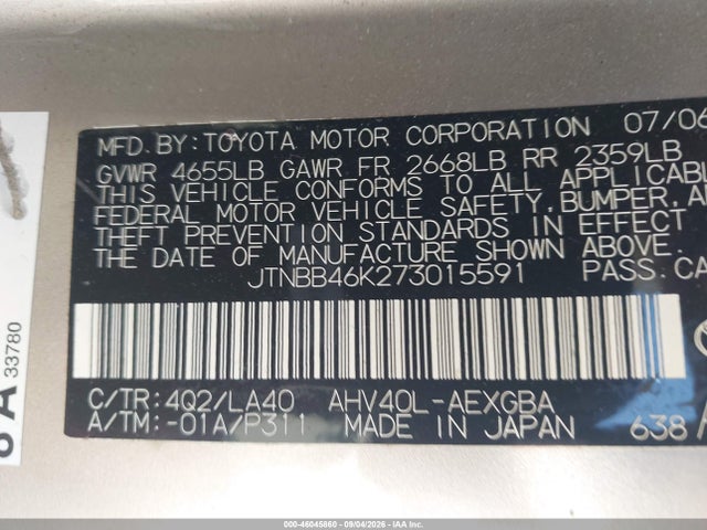 Aukcja sprzedaży 2007 Toyota Camry Hybrid, vin: JTNBB46K273015591, numer aukcji: 46045860