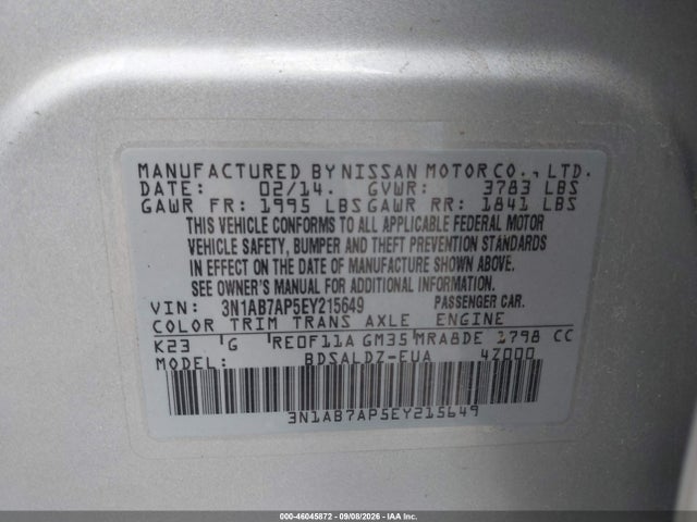 46045872 :رقم المزاد ، 3N1AB7AP5EY215649 vin ، 2014 Nissan Sentra Fe+ S/fe+ Sv/s/sl/sr/sv مزاد بيع