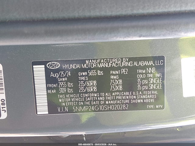 Aukcja sprzedaży 2025 Hyundai Santa Fe Hybrid Sel, vin: 5NMP24G10SH020282, numer aukcji: 46045878