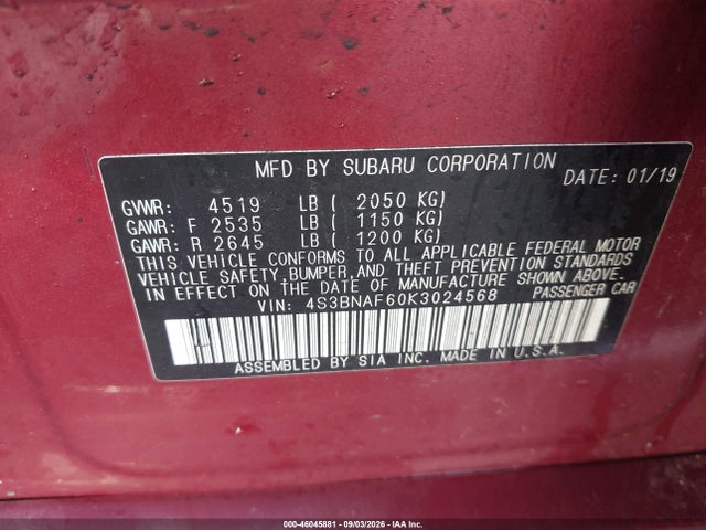 Продаж на аукціоні авто 2019 Subaru Legacy 2.5i Premium, vin: 4S3BNAF60K3024568, номер лоту: 46045881