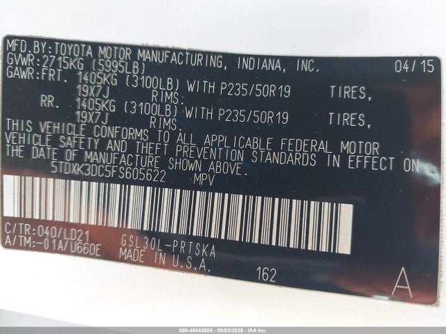 5TDXK3DC5FS605622 Toyota Sienna Se 8 Passenger