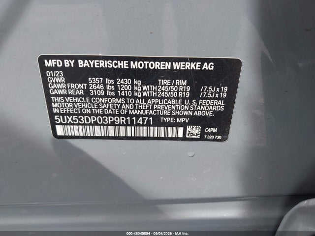 Продаж на аукціоні авто 2023 Bmw X3 Xdrive30i, vin: 5UX53DP03P9R11471, номер лоту: 46045894