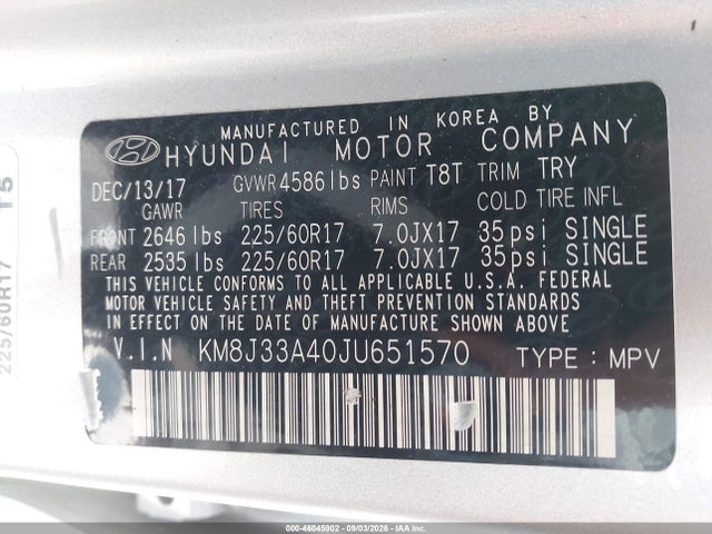Продаж на аукціоні авто 2018 Hyundai Tucson Sel Plus, vin: KM8J33A40JU651570, номер лоту: 46045902