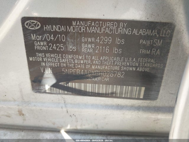 46045904 :رقم المزاد ، 5NPEB4ACXBH028782 vin ، 2011 Hyundai Sonata Gls مزاد بيع