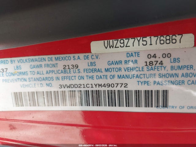 Продаж на аукціоні авто 2000 Volkswagen New Beetle Glx, vin: 3VWDD21C1YM490772, номер лоту: 46045914